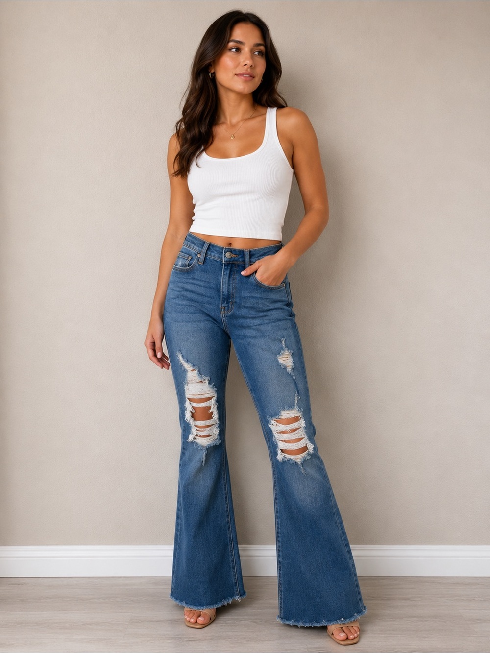 High-Rise Distressed Flare Jeans - Medium Blue